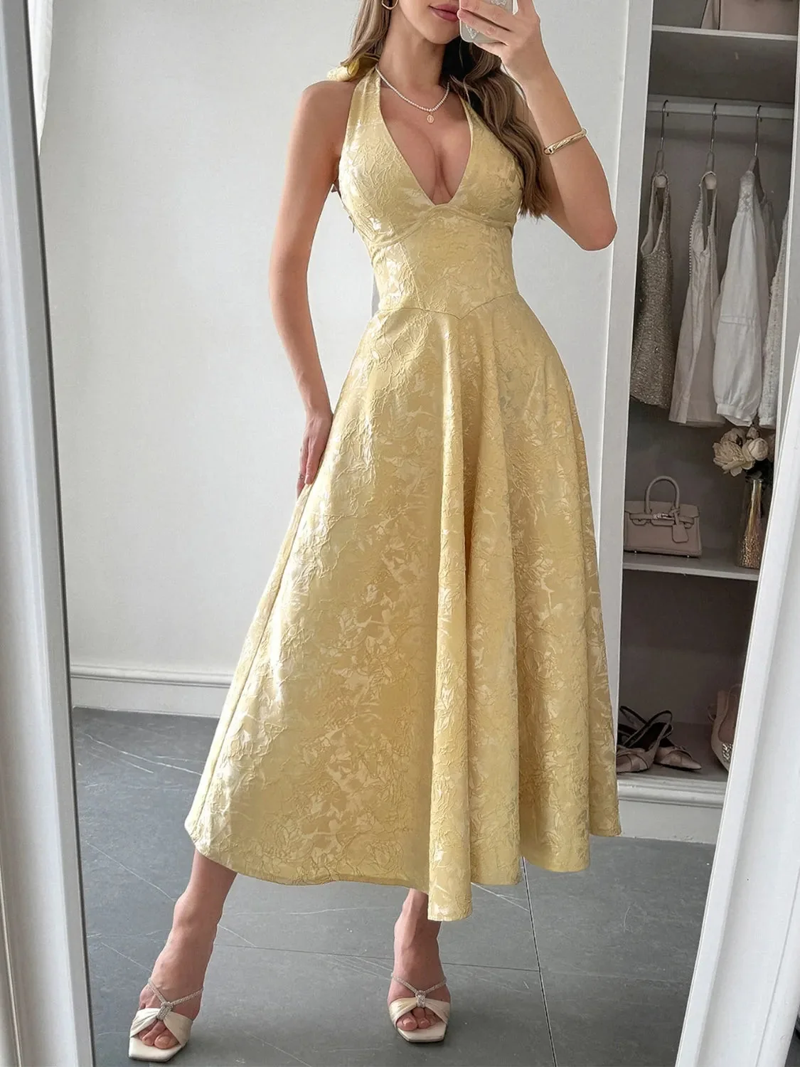 Black Halter Neck Midi Dress with Pockets