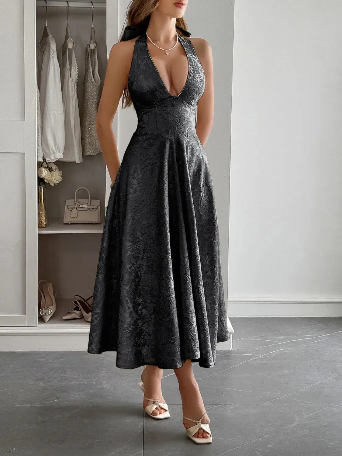 Black Halter Neck Midi Dress with Pockets