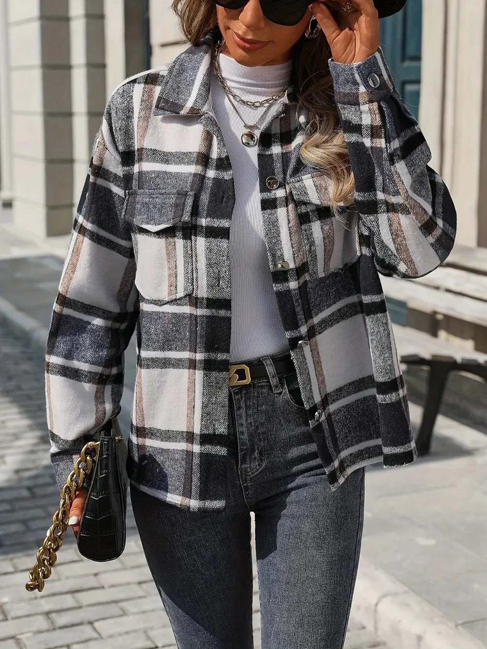 Plaid Drop Shoulder Jacket Black