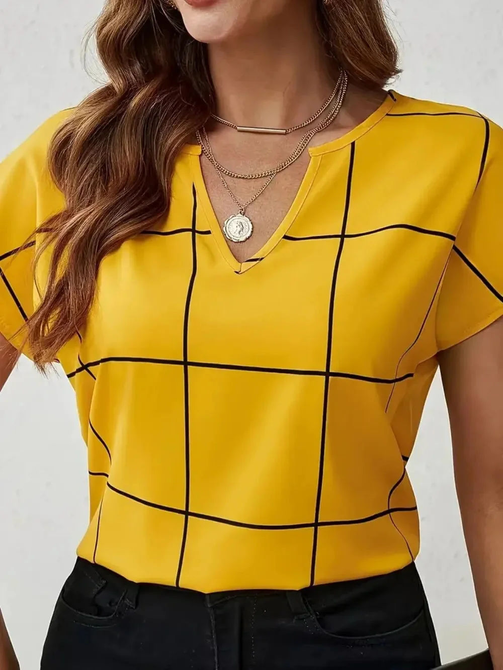 Gold Plaid Notched Hem Sheer Blouse