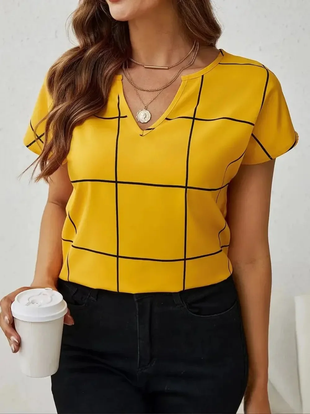 Gold Plaid Notched Hem Sheer Blouse
