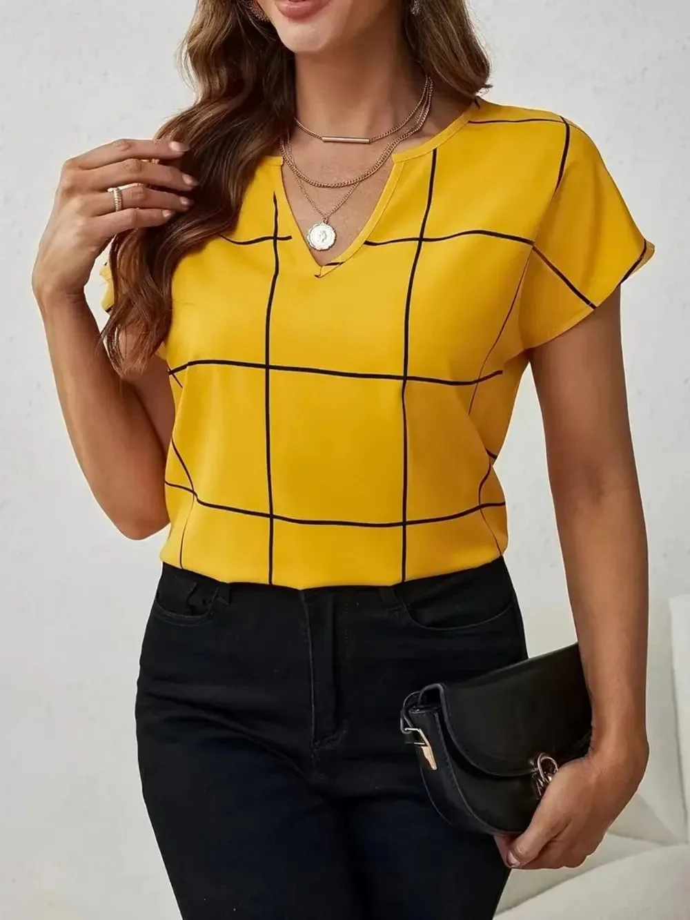 Gold Plaid Notched Hem Sheer Blouse
