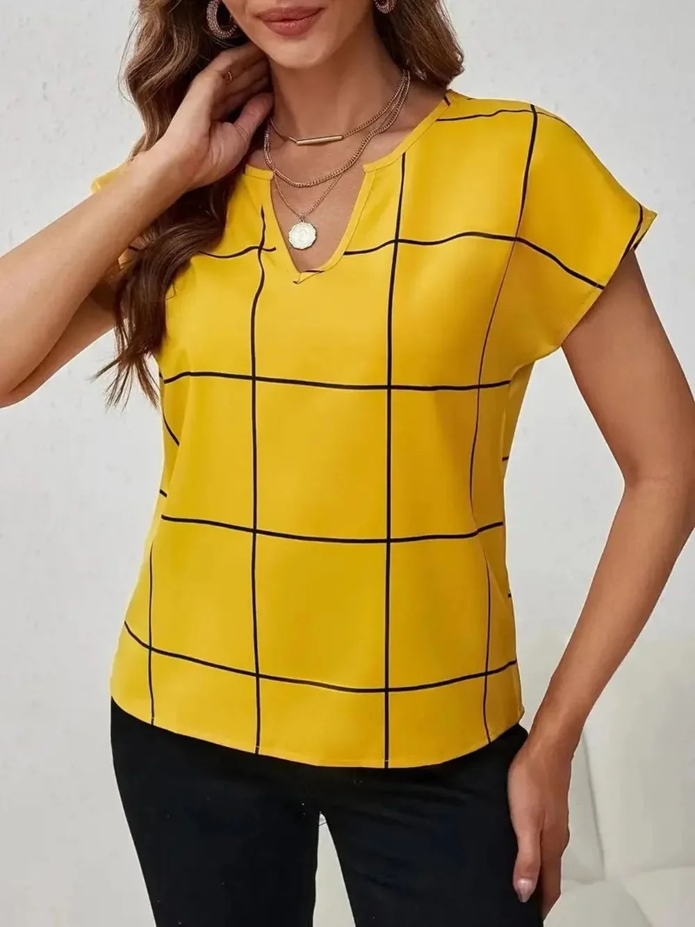 Gold Plaid Notched Hem Sheer Blouse