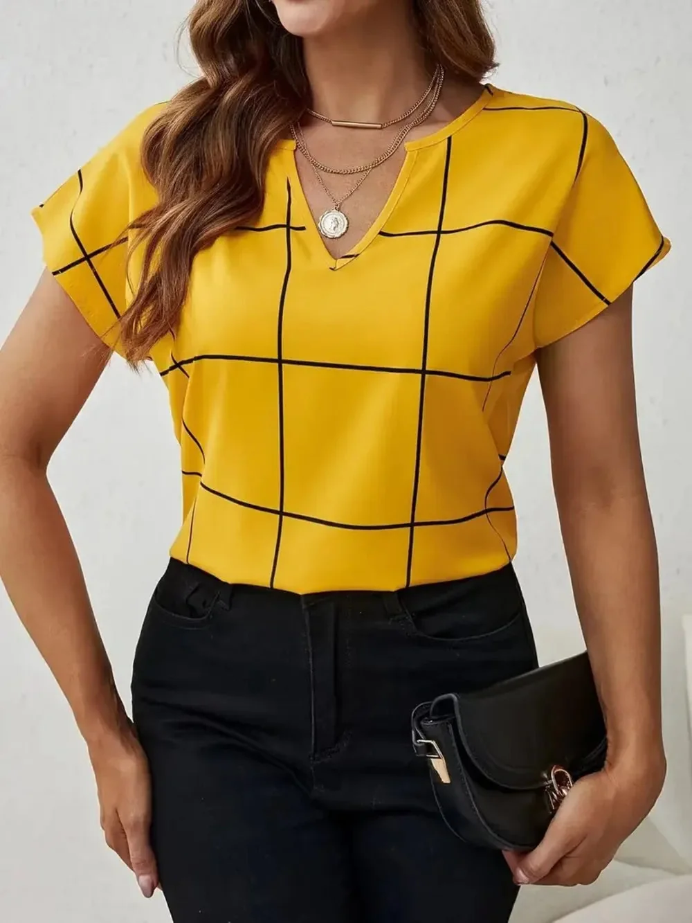 Gold Plaid Notched Hem Sheer Blouse