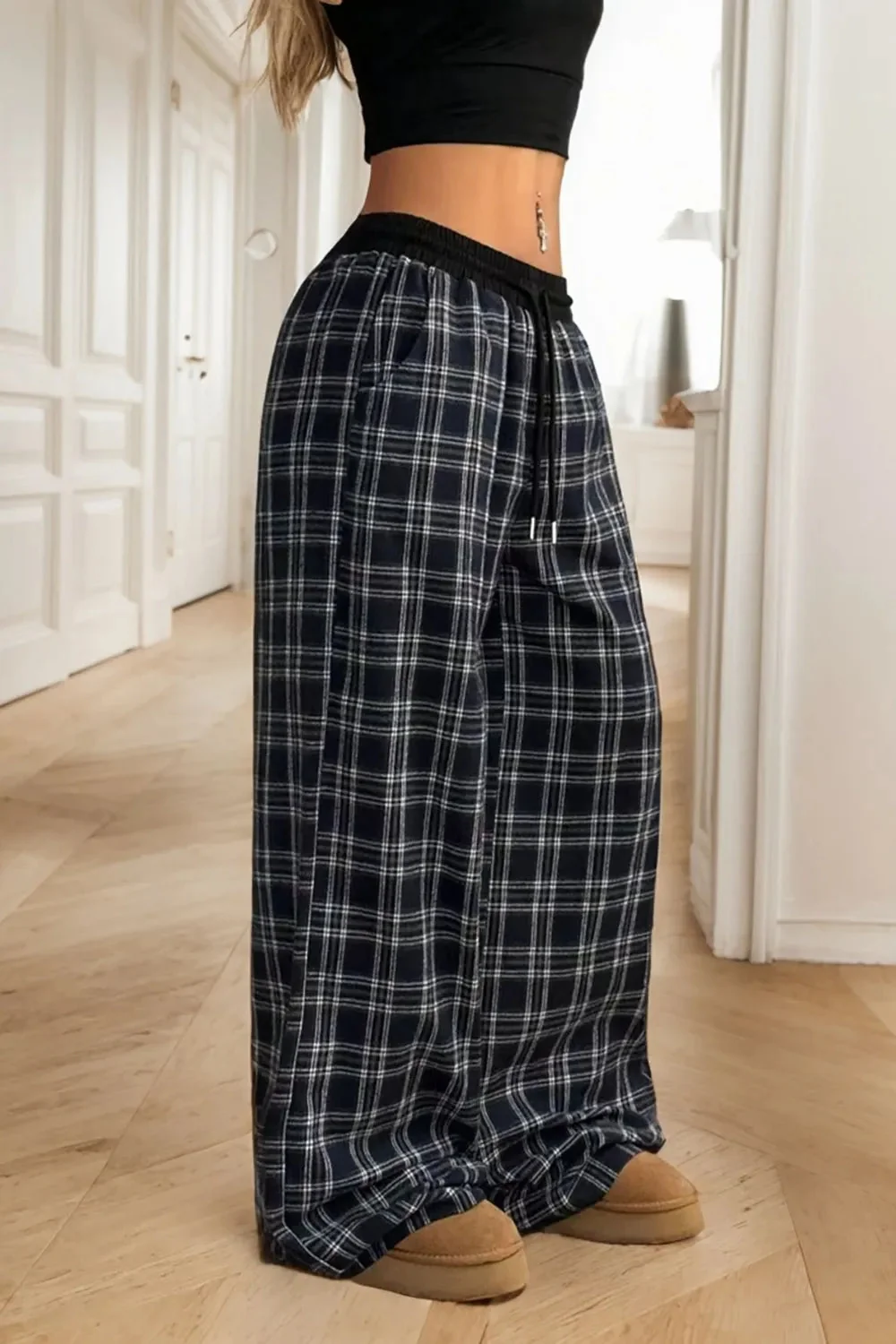 Cozy Black Plaid Wide Leg Lounge Pants