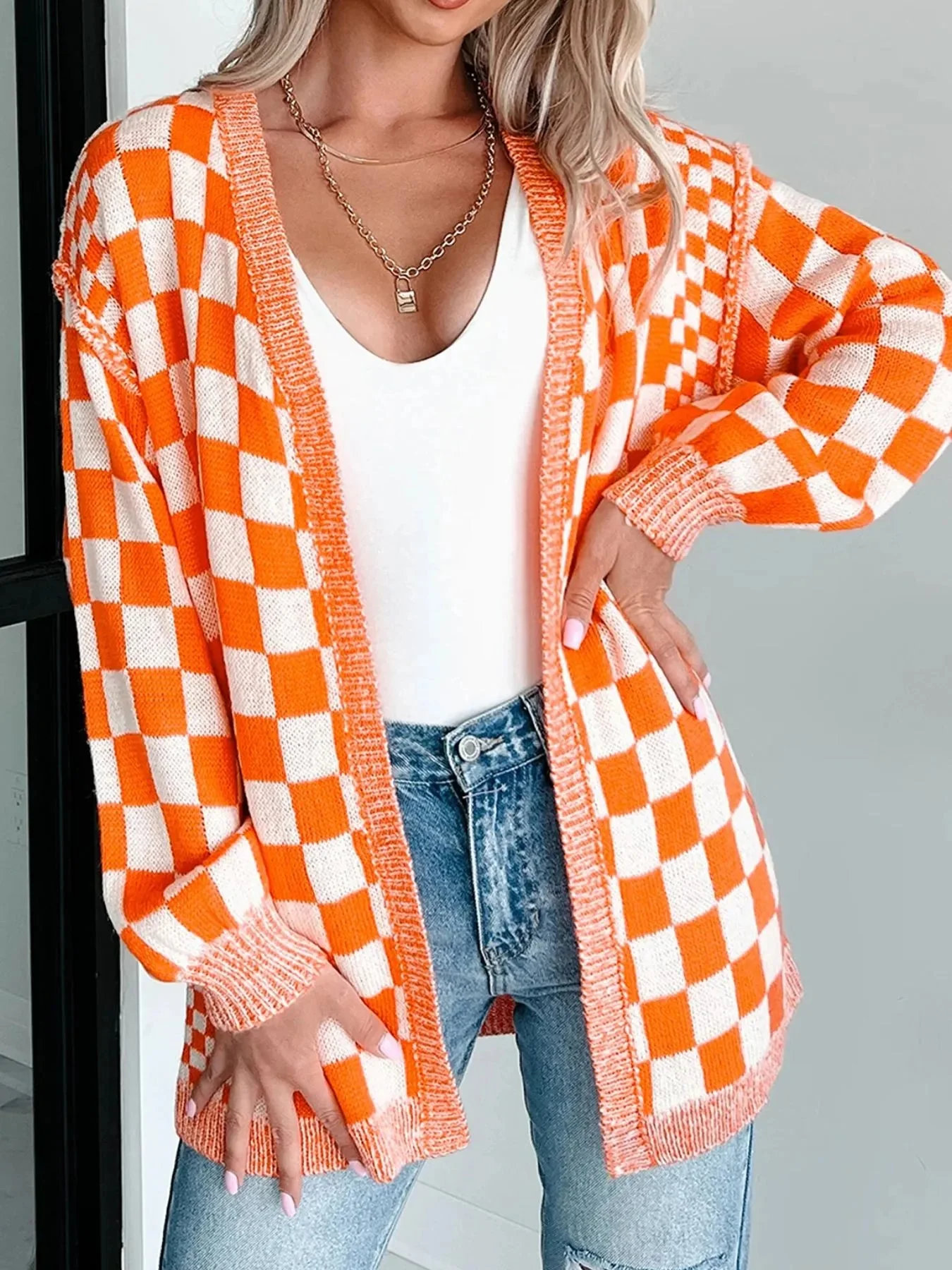 Cozy Checkered Open Front Cardigan in Tangerine