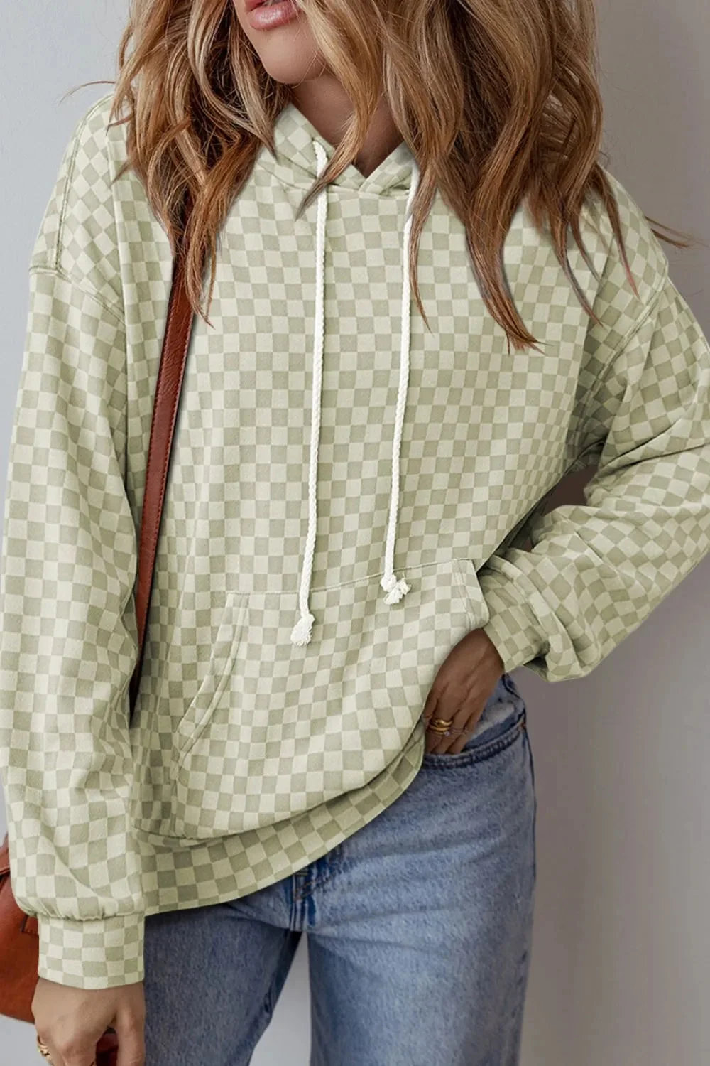 Checkered Hoodie with Kangaroo Pocket and Drawstring - Fall Fashion