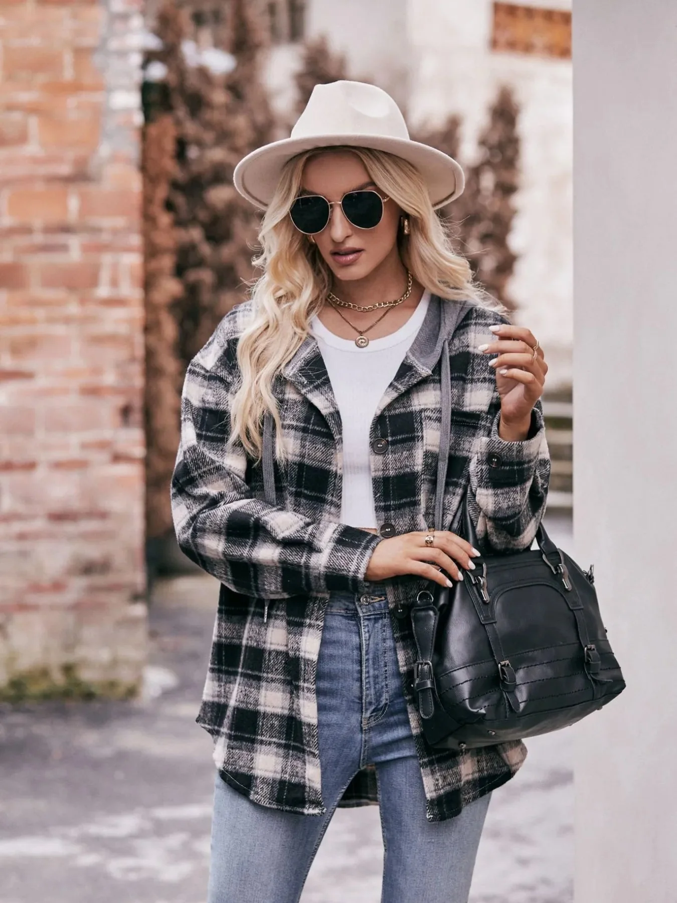 Black Oversized Plaid Flannel Shirt Jacket
