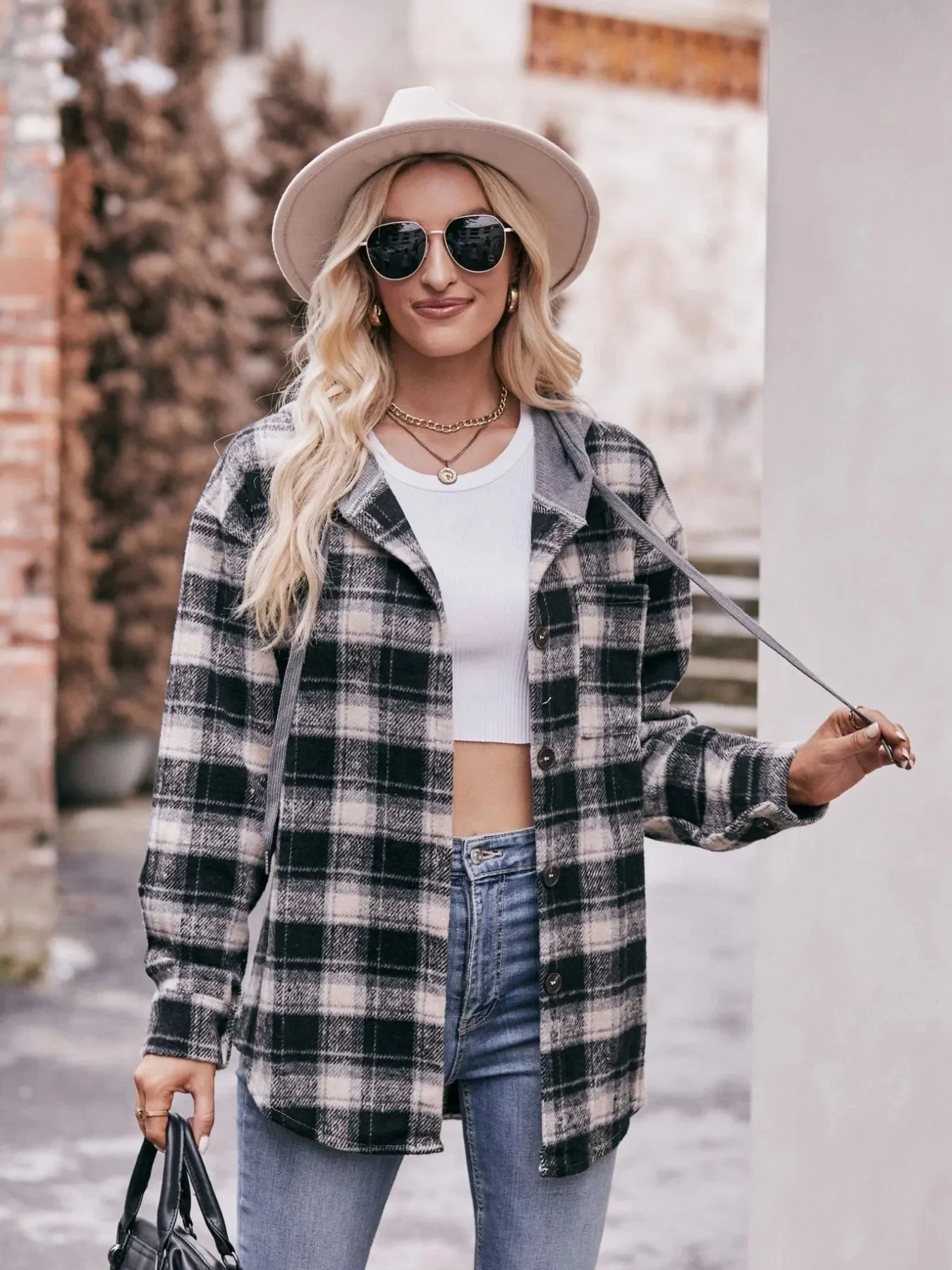 Black Oversized Plaid Flannel Shirt Jacket