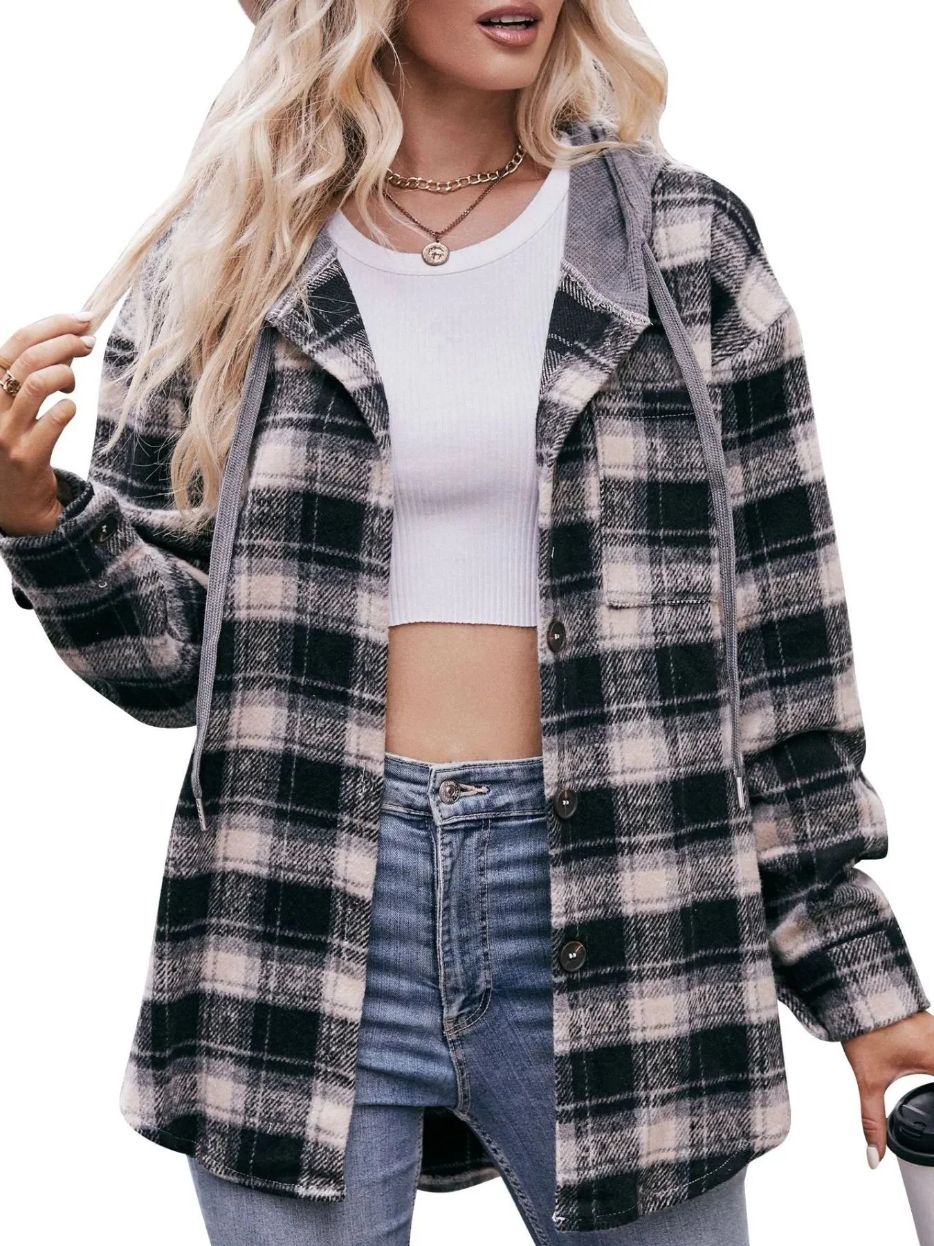 Black Oversized Plaid Flannel Shirt Jacket