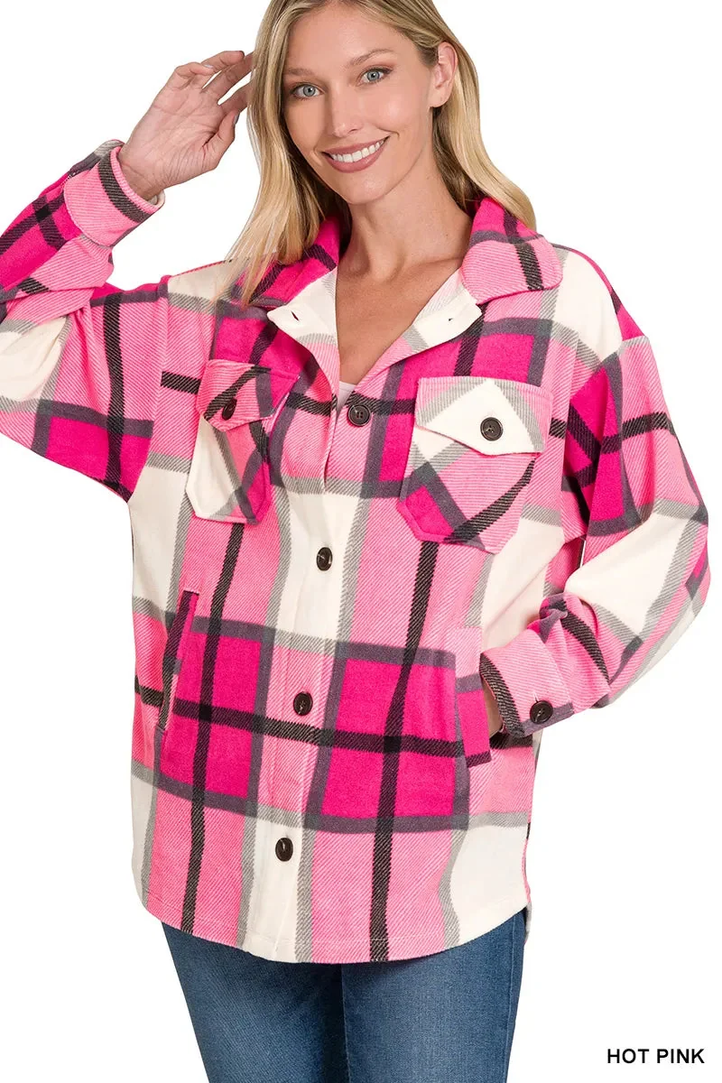 Pink Plaid Fleece Button-Front Shacket - Ultimate Comfort