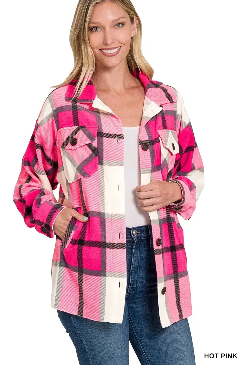 Pink Plaid Fleece Button-Front Shacket - Ultimate Comfort