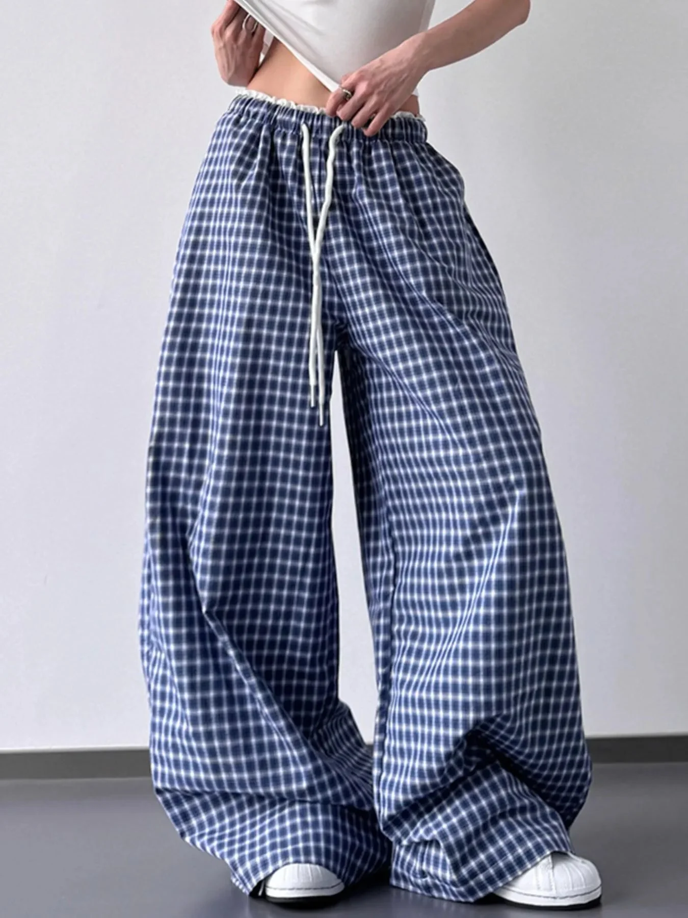 Plaid Wide Leg Drawstring Pants in Blue or Red