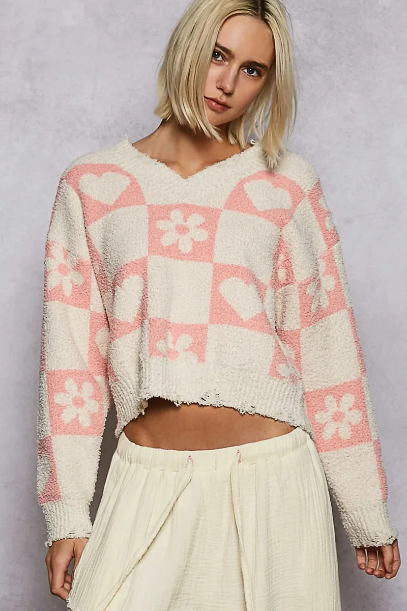 Cropped Teddy Bear Fleece Checkered Sweater