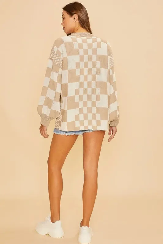 Beige Checkered Open Front Cardigan for Women