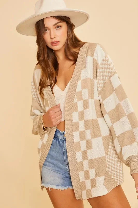 Beige Checkered Open Front Cardigan for Women
