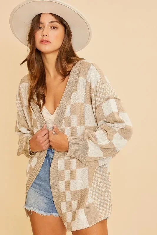 Beige Checkered Open Front Cardigan for Women