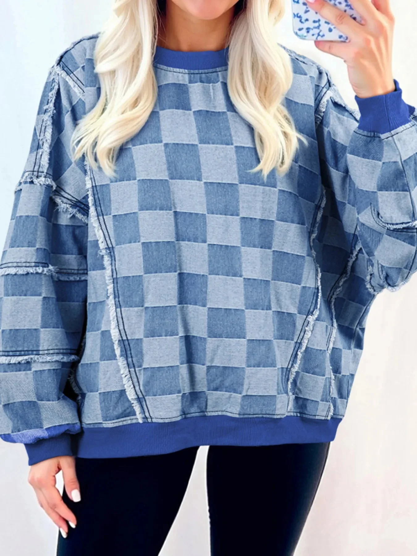 Checkerboard Oversized Denim Top with Unique Raw Detailing