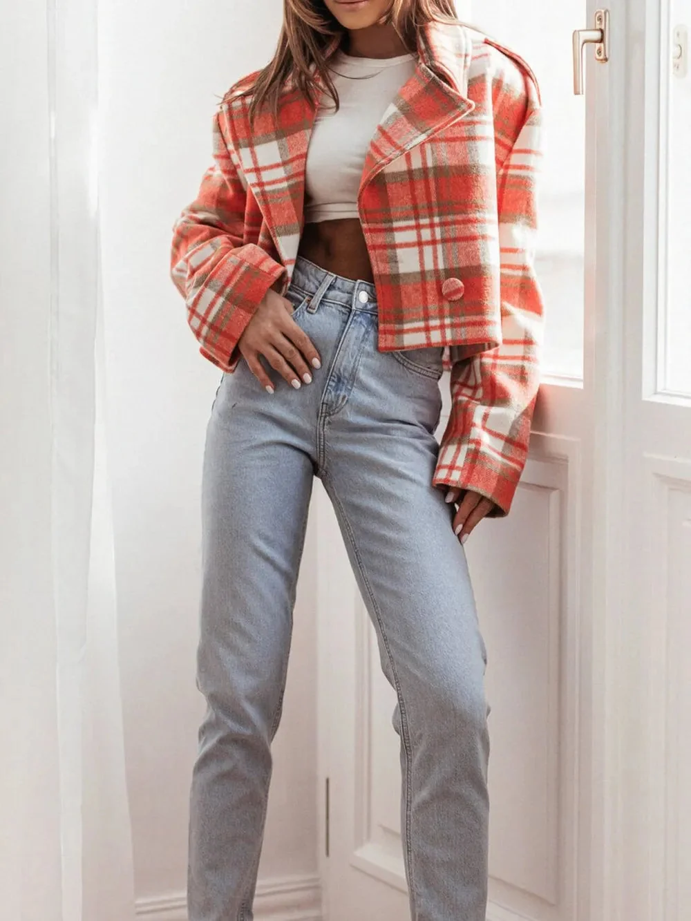 Cropped Plaid Jacket in Light Yellow