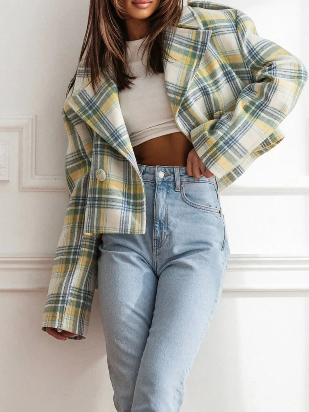 Cropped Plaid Jacket in Light Yellow