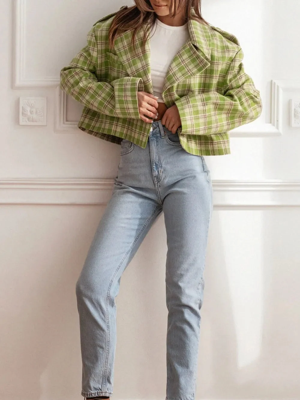 Cropped Plaid Jacket in Light Yellow