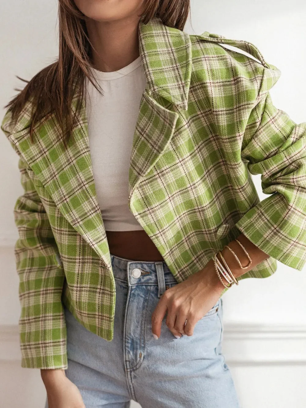 Cropped Plaid Jacket in Light Yellow