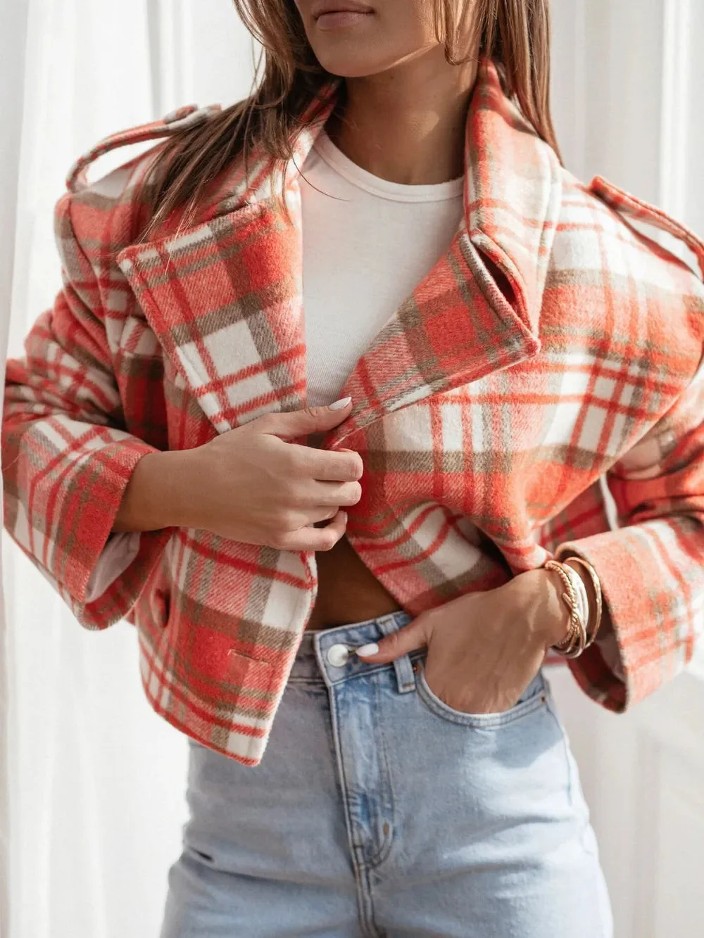 Cropped Plaid Jacket in Light Yellow