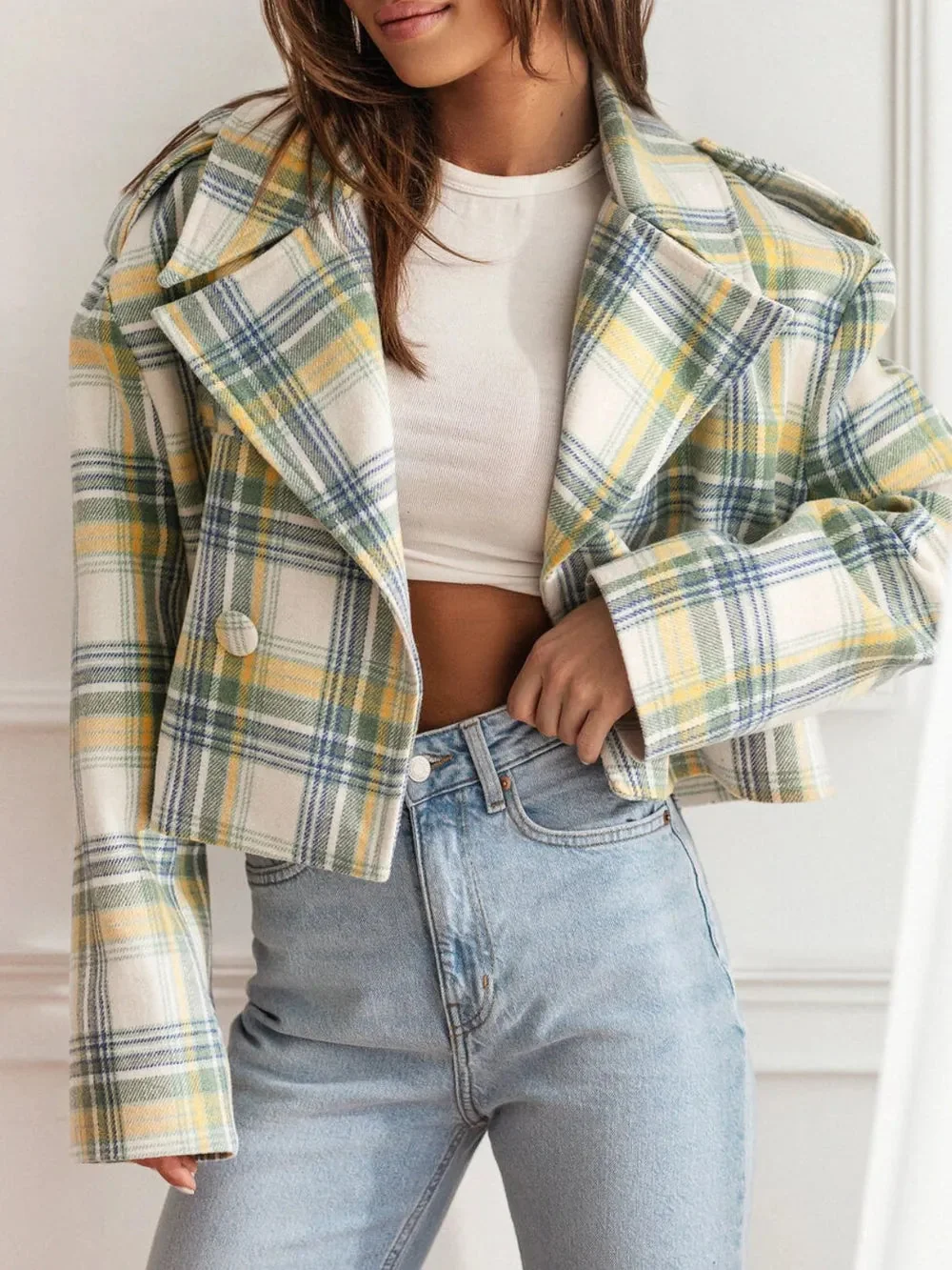 Cropped Plaid Jacket in Light Yellow