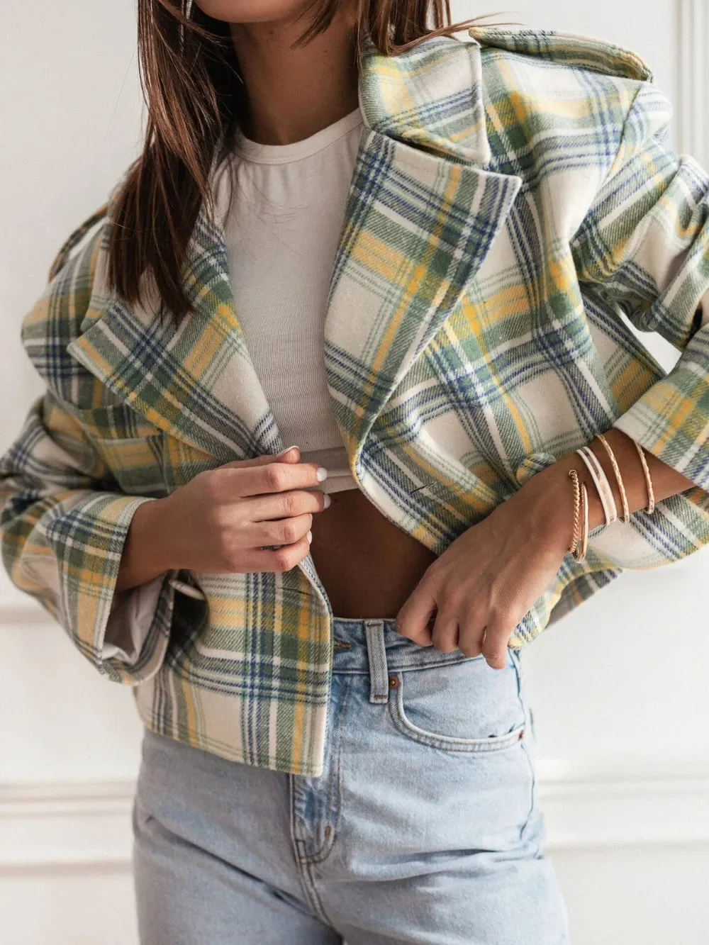 Cropped Plaid Jacket in Light Yellow