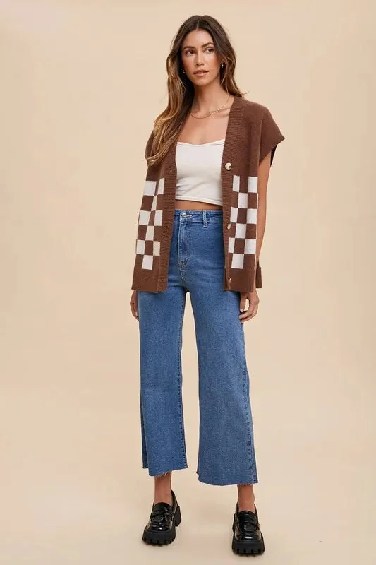 Brown Checkered Short Sleeve Cardigan