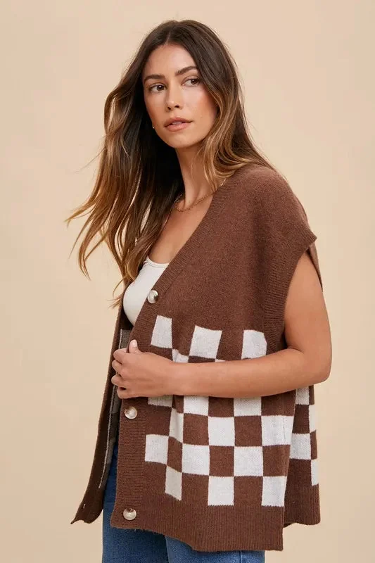 Brown Checkered Short Sleeve Cardigan