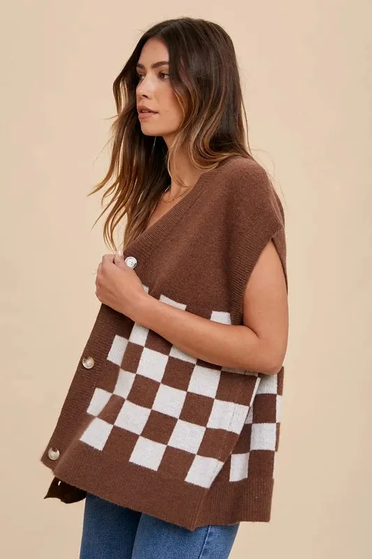 Brown Checkered Short Sleeve Cardigan