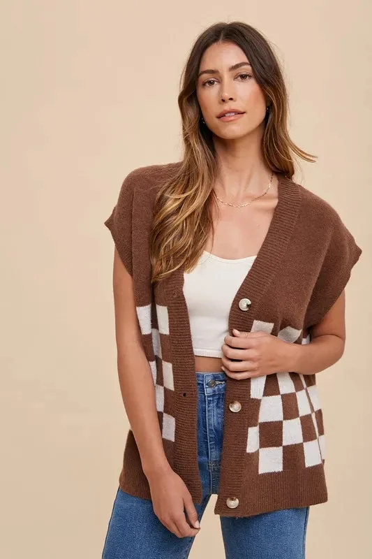 Brown Checkered Short Sleeve Cardigan