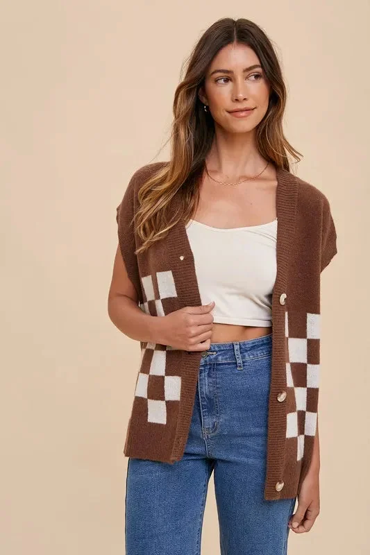 Brown Checkered Short Sleeve Cardigan