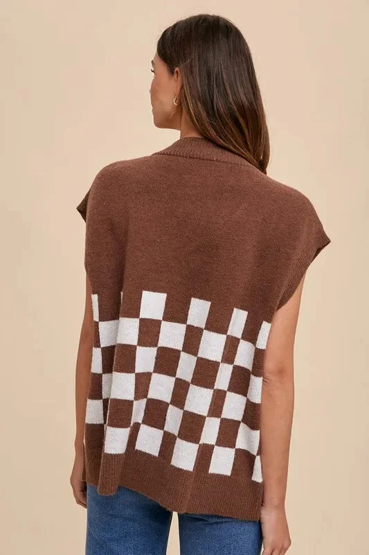 Brown Checkered Short Sleeve Cardigan
