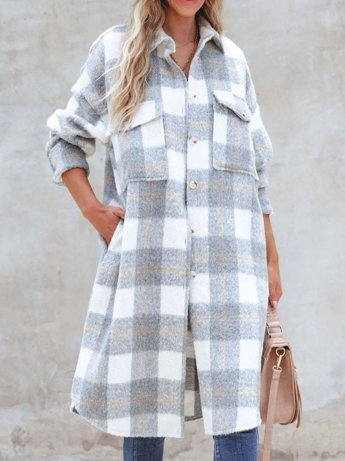 Light Gray Longline Plaid Jacket