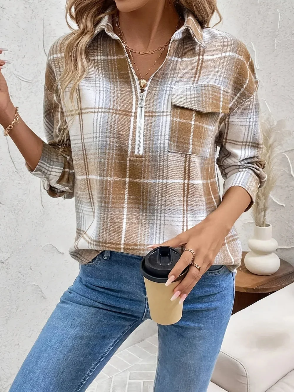 Plaid Half Zip Long Sleeve Top - Classic Style