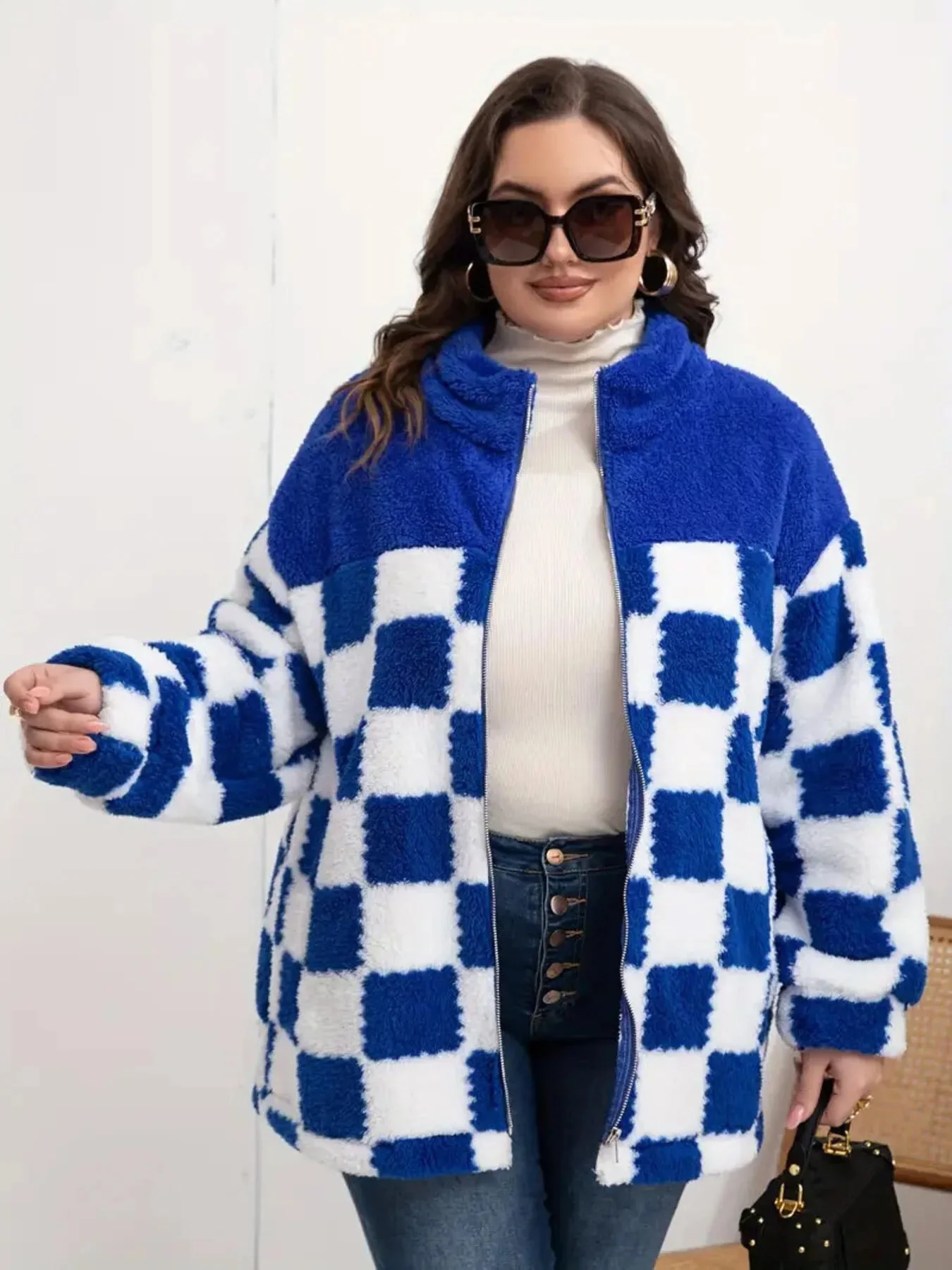 Blue Checkered Oversized Zip-Up Jacket