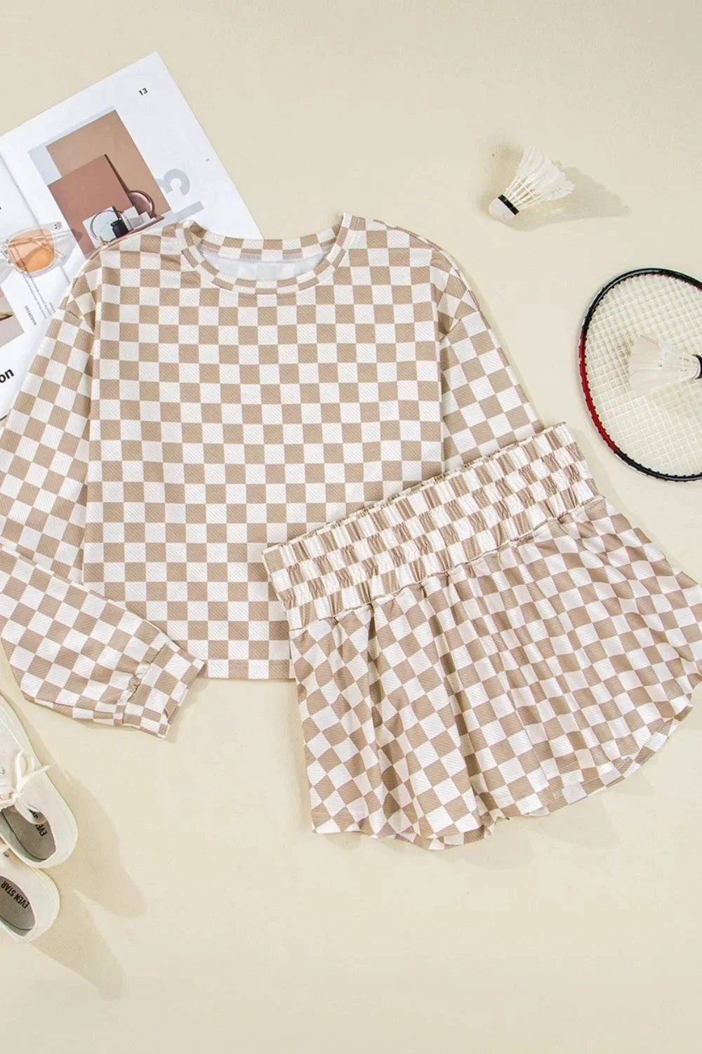 Khaki Checkered Skirt and Long Sleeve Top Set