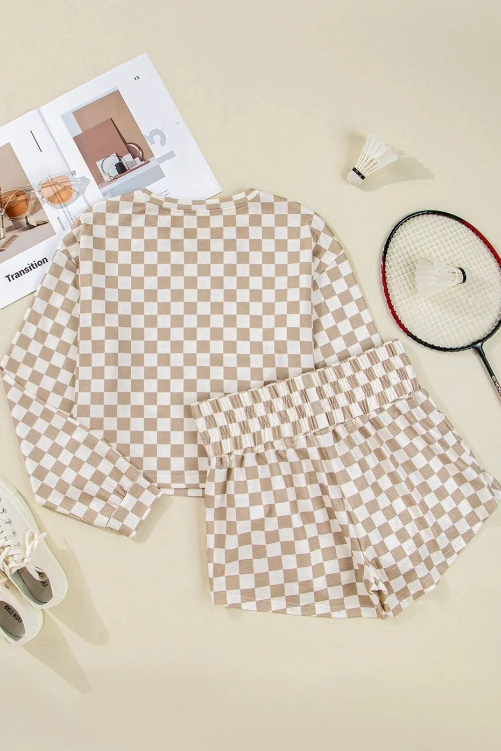 Khaki Checkered Skirt and Long Sleeve Top Set