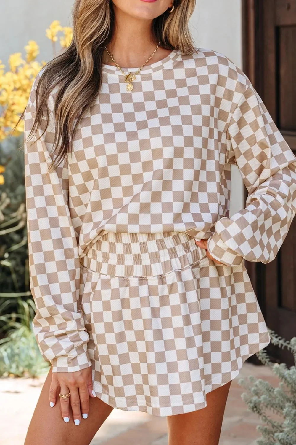 Khaki Checkered Skirt and Long Sleeve Top Set