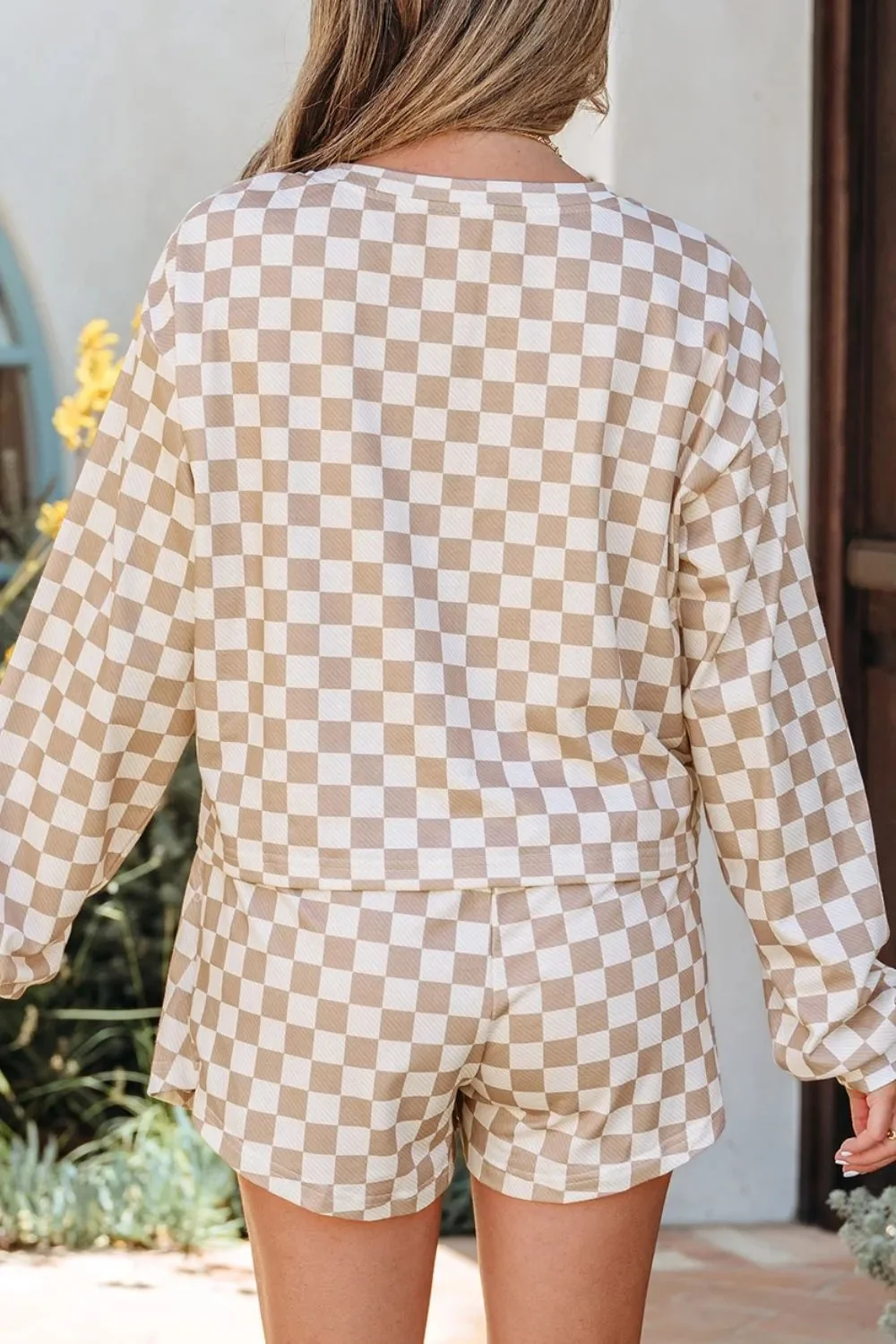 Khaki Checkered Skirt and Long Sleeve Top Set