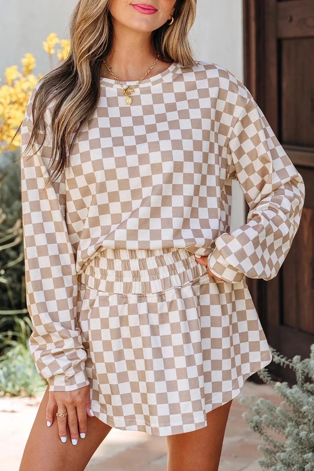 Khaki Checkered Skirt and Long Sleeve Top Set
