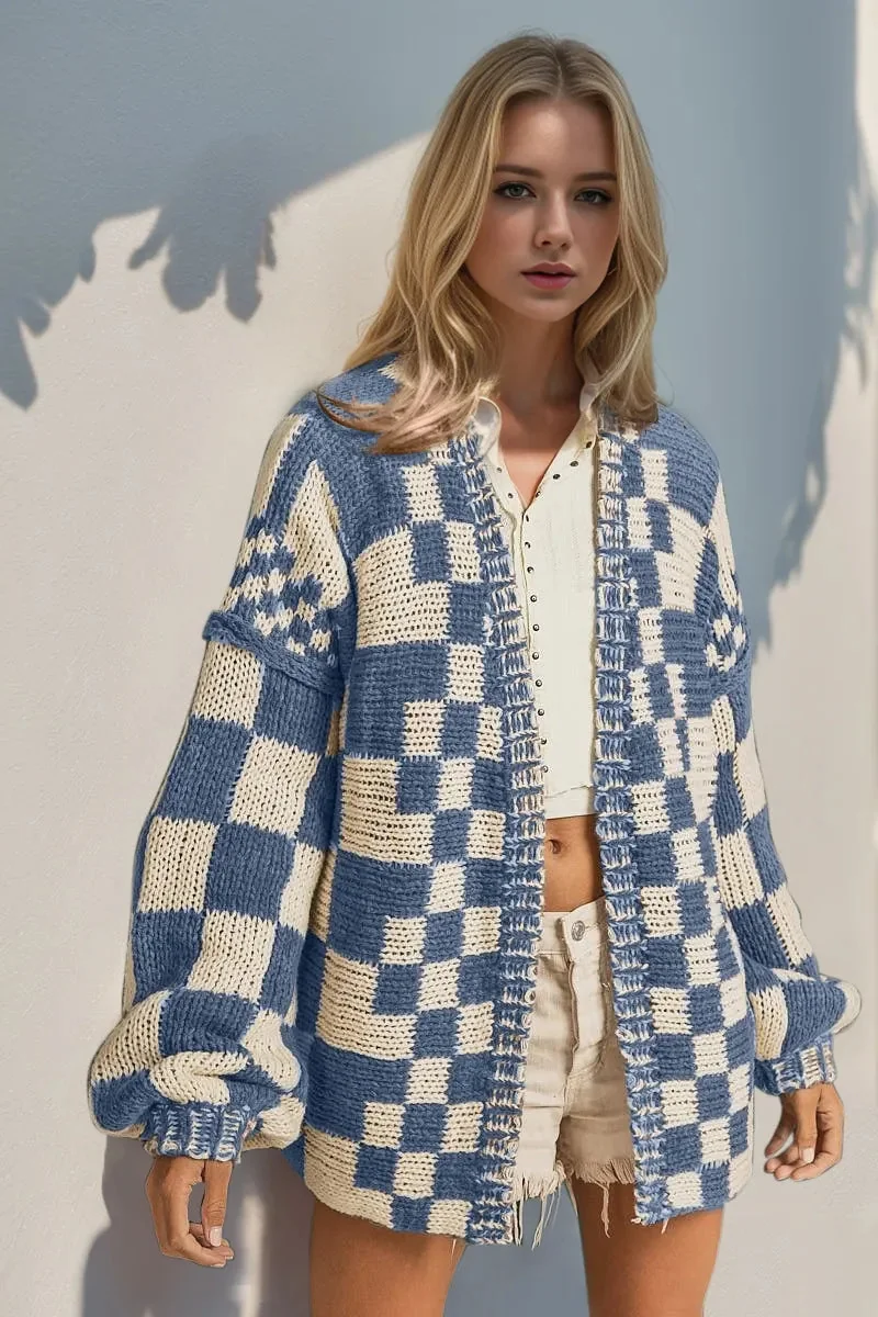 Open Front Checkered Cardigan in Pastel Blue | Trendsi