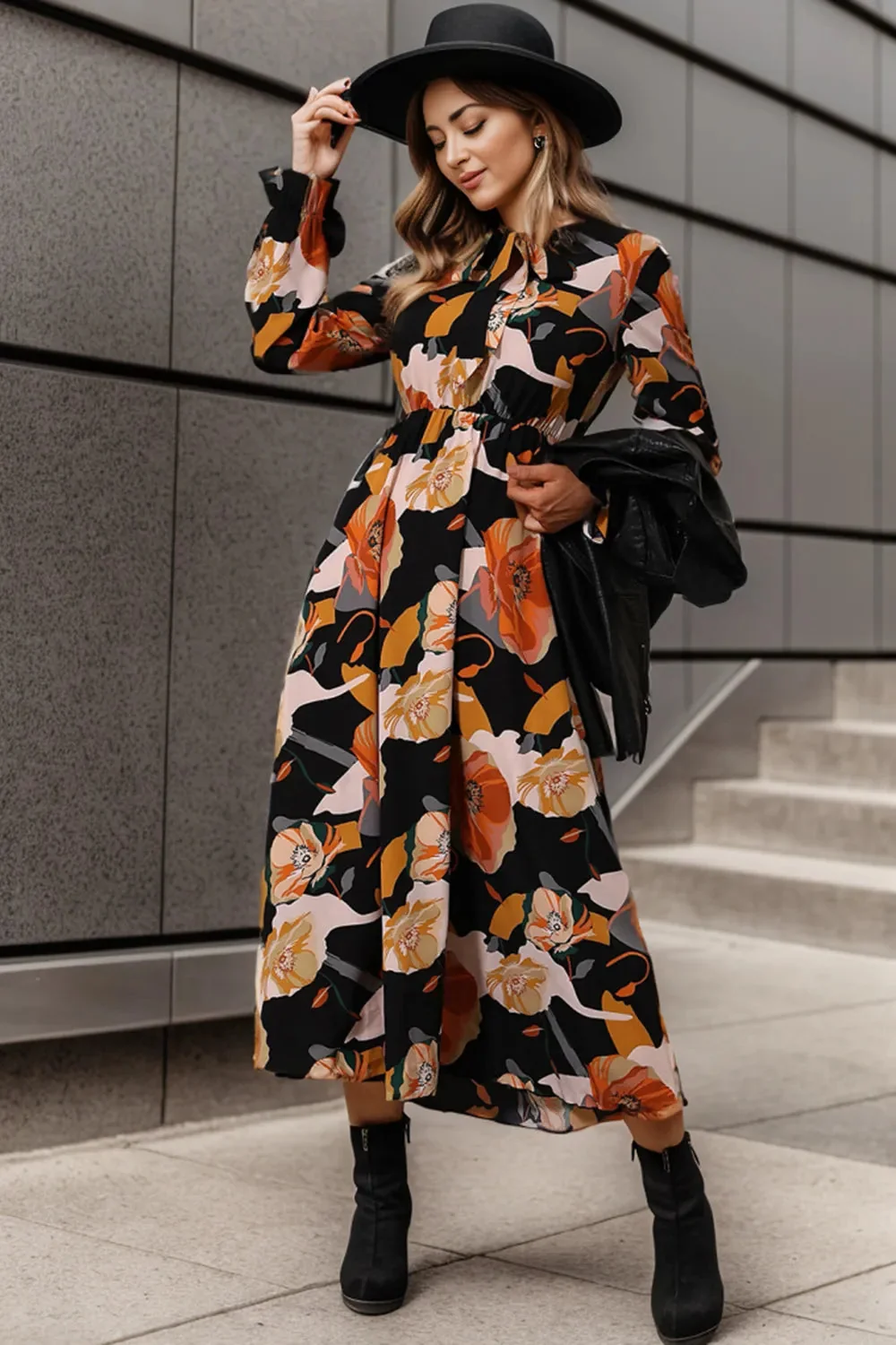 Flounce Sleeve Black Printed Dress - Sheer Elegance Style