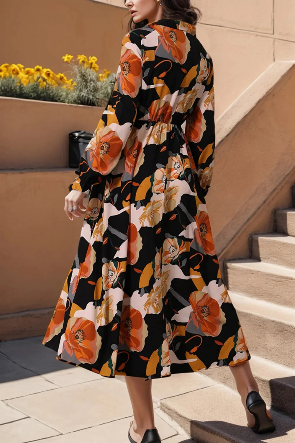 Flounce Sleeve Black Printed Dress - Sheer Elegance Style