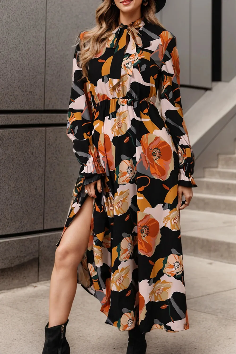 Flounce Sleeve Black Printed Dress - Sheer Elegance Style