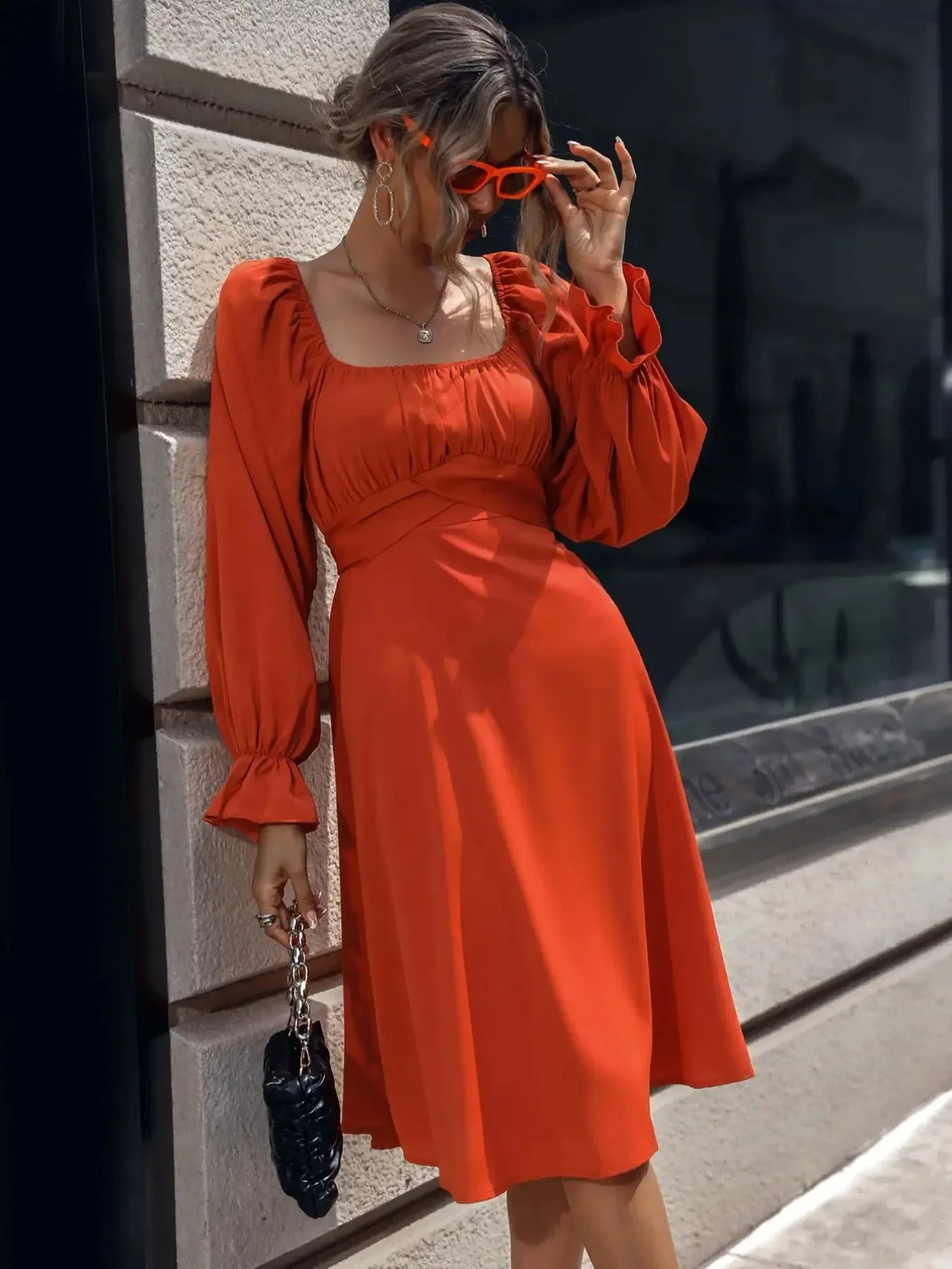 A-Line Square Neck Flounce Sleeve Orange Midi Dress