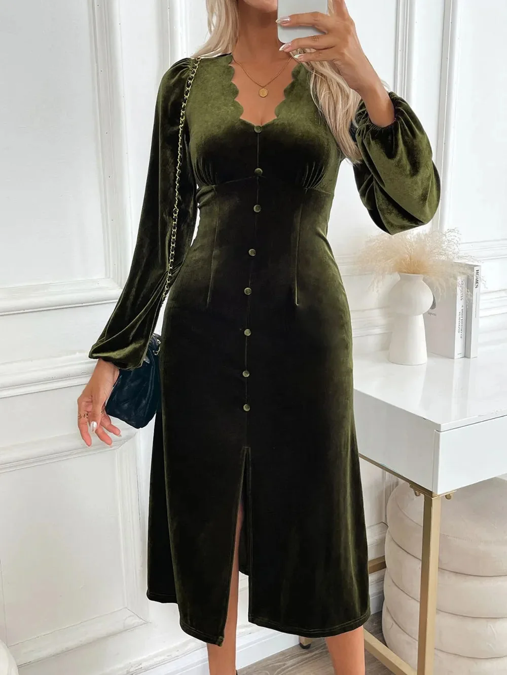 Black Slit V-Neck Long Sleeve Midi Dress