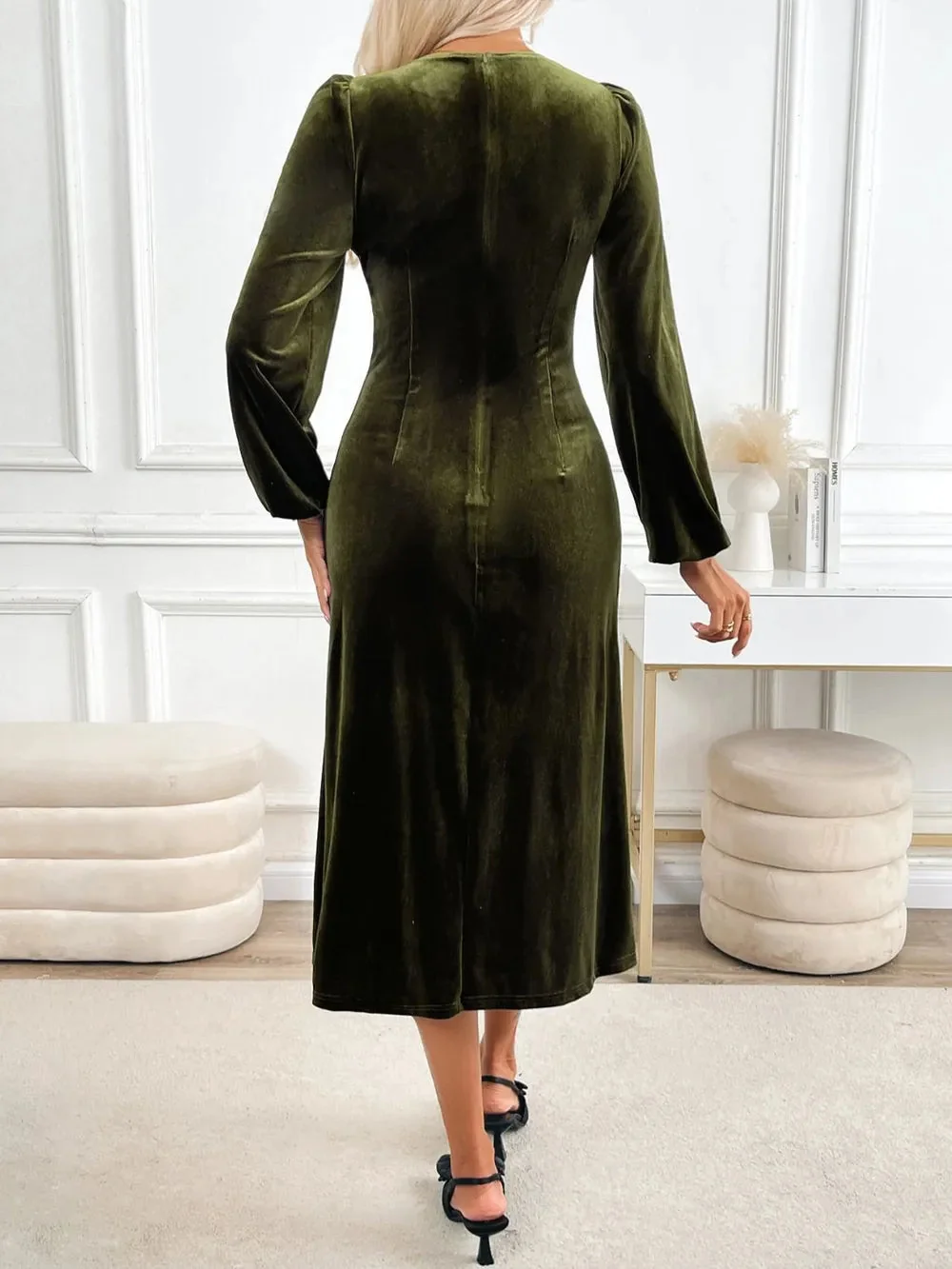 Black Slit V-Neck Long Sleeve Midi Dress
